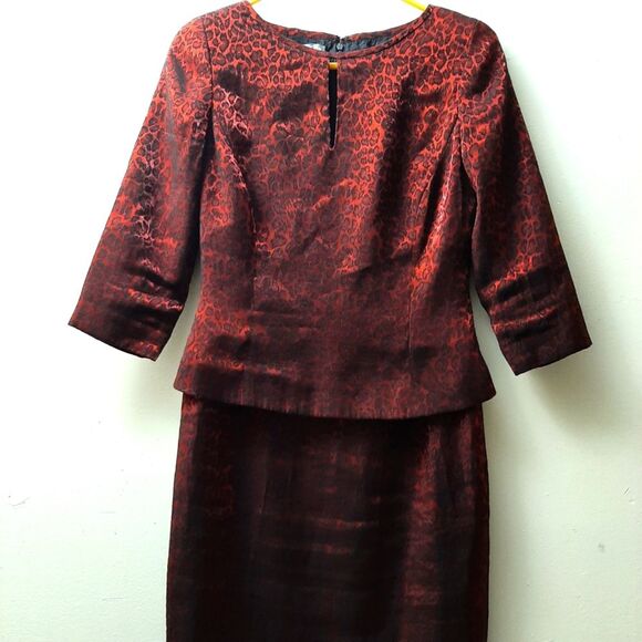 Vintage Maggy London Red Metallic Shine Animal Print Midi Dress - Picture 3 of 7